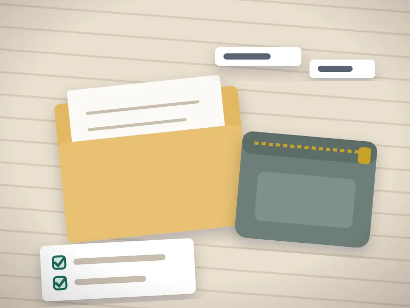 Illustration: a folder of papers, a zippered document pouch, labels, and a checklist on a wooden table.