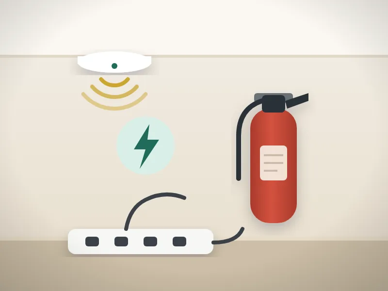 Illustration: a ceiling smoke alarm, a wall-mounted fire extinguisher, and a power strip with a lightning-bolt symbol.
