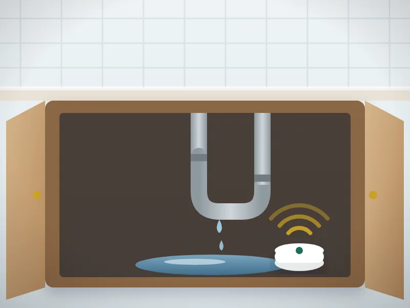 Illustration: an open sink cabinet with a small leak under the pipe and a round sensor sending an alert.