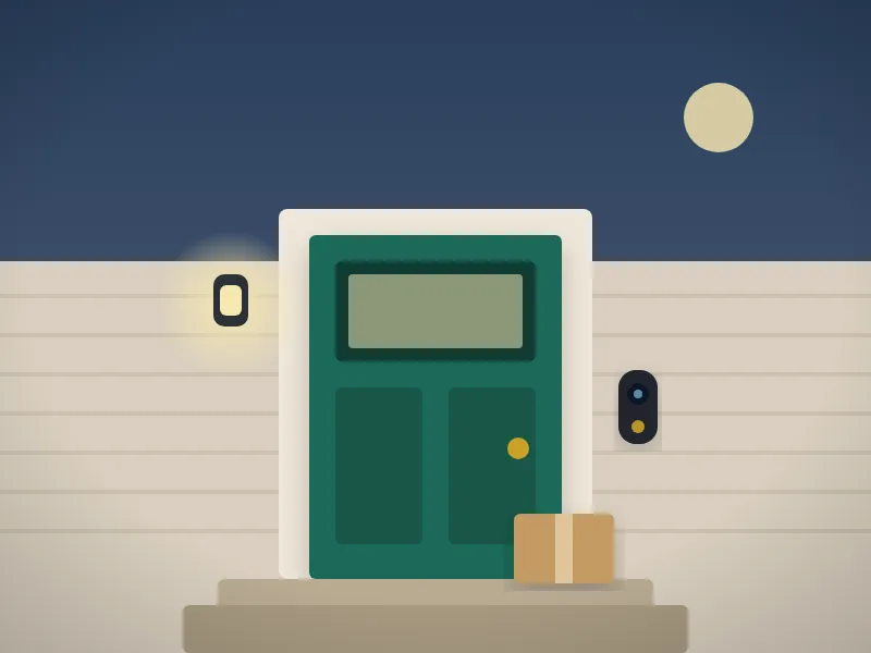 Illustration: a front door at night with a porch light, a video doorbell, and a package on the step.