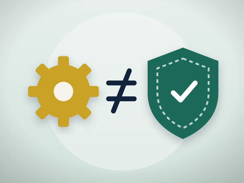 Illustration: a gold gear, a not-equal sign, and a green shield with a check mark.